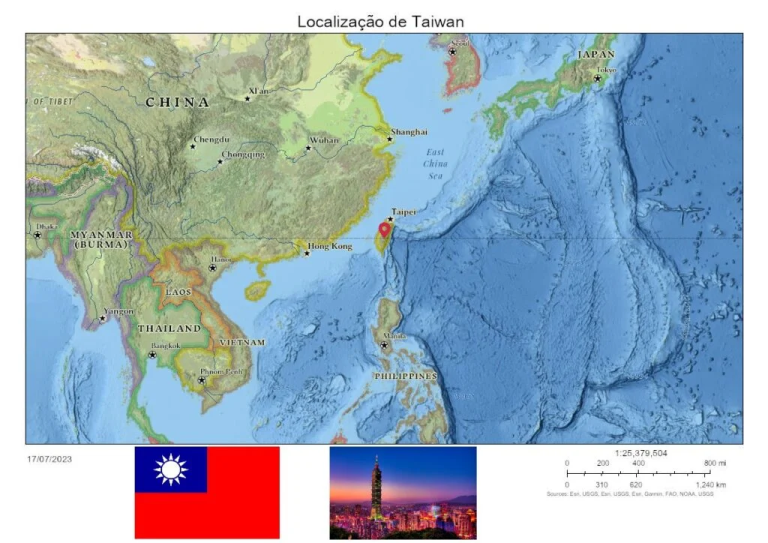 mapa localização de taiwan com bandeira e capital taipei tigre asiático primeira geração