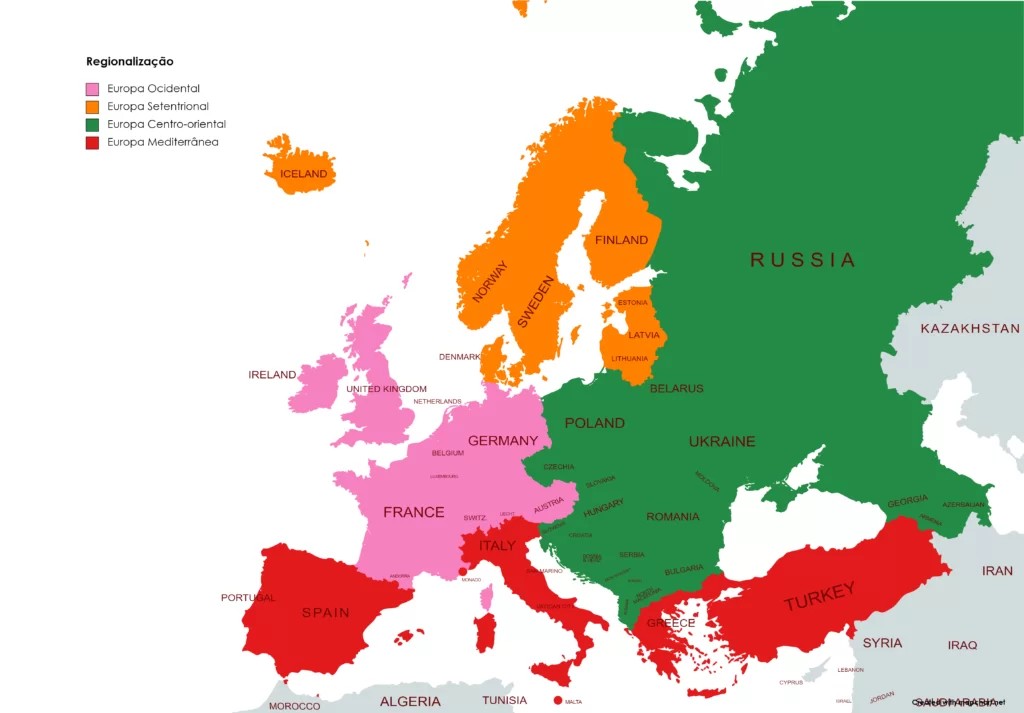 mapa regionalizacao europa ocidental europa setentrional europa centro-oriental europa mediterranea com legenda