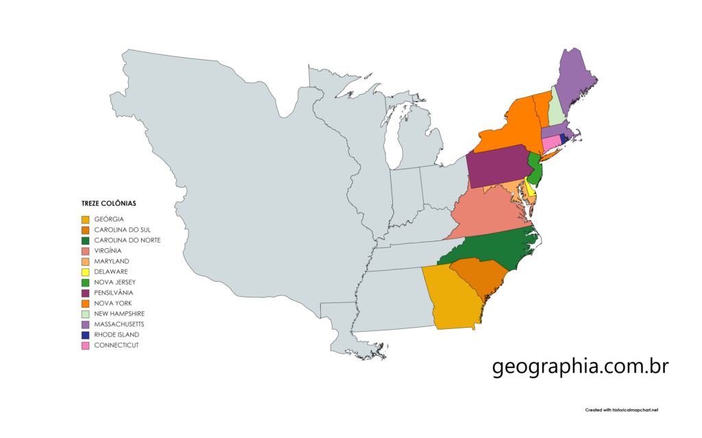 mapa das treze colônias dos estados unidos d america