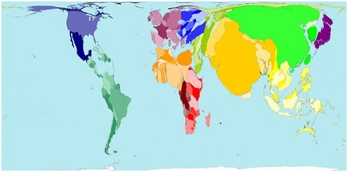 Mapa anamórfico com a população absoluta mundial