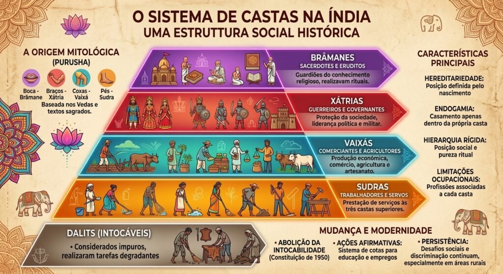 Como funciona o Sistema de Castas na Índia? 1 infográfico sistema de castas índia brâmanes xátrias vaixás sudras dalits