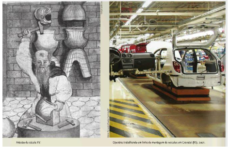 trabalhador medieval artesão e linha de produção industrial