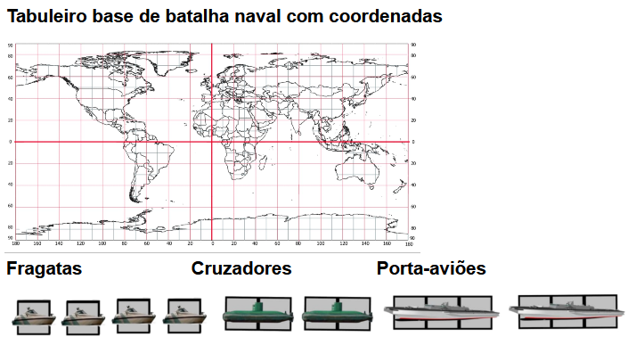 tabuleiro base e navios do jogo batalha naval com cooredandas geográficas