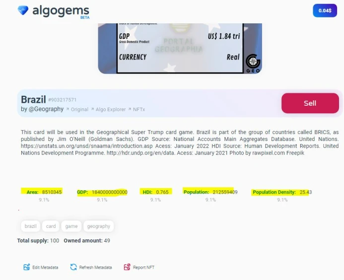 metadata nft geography  card game algogems