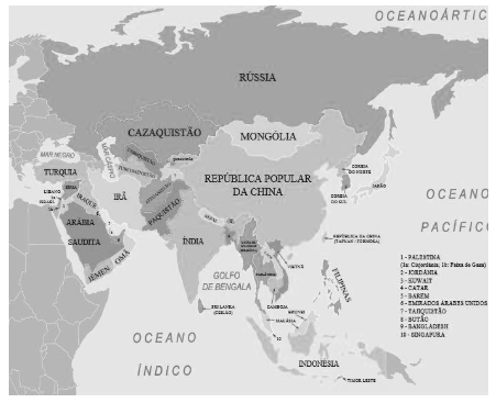 mapa países ásia preto e branco