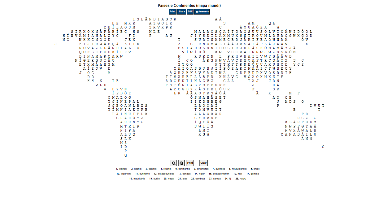 Caça Palavras Continente e Países